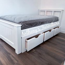 White Twin Bed & Bamboo Mattress + Drawers 