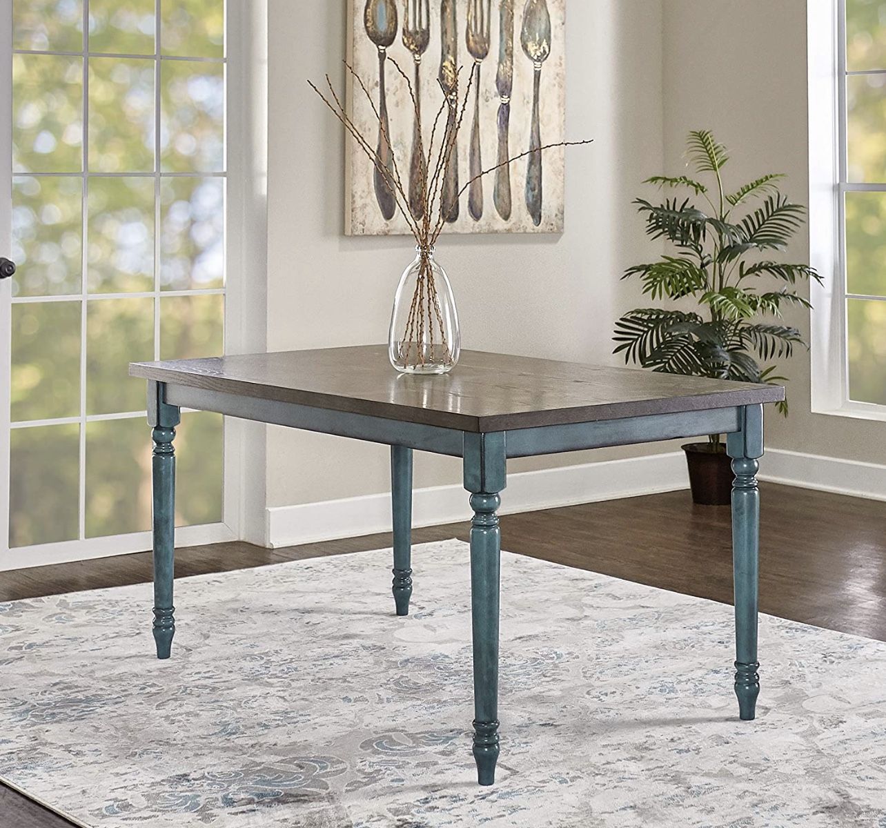 Willow Farmhouse 59" Dining Table, Burnished Smoke and Distressed Teal Blue