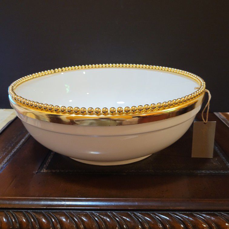 White with Gold Beaded Edge Large Holiday Serving Bowl- New
