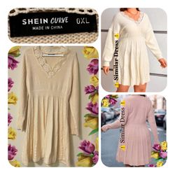 SHEIN CURVE 100% Acrylic V-Neck Lace Trim Long Sleeve Knit Sweater Dress 0XL