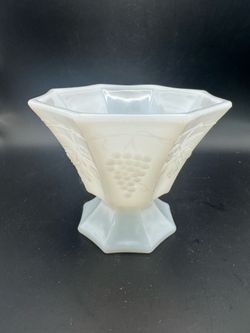 Vintage Milk Glass Pedestal Vase with Grape and Leaf Motif - White