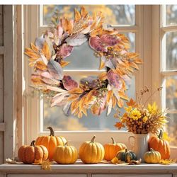 Fall Wreath for Front Door - 22" Autumn Harvest Wreaths Artificial Farmhouse Wreath with Berries, Maple Leaves and Ear of Wheat Fall Decorations for H