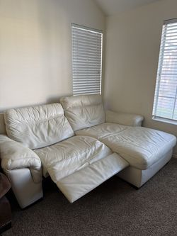 Custom White Leather Reclining Loveseat with Chaise
