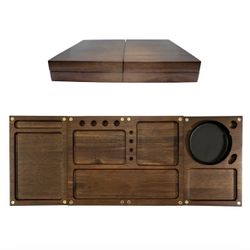 Wooden Rolling Tray | 3 in 1 Folding Design Set W Magnetic Lid, Big & Small Tray