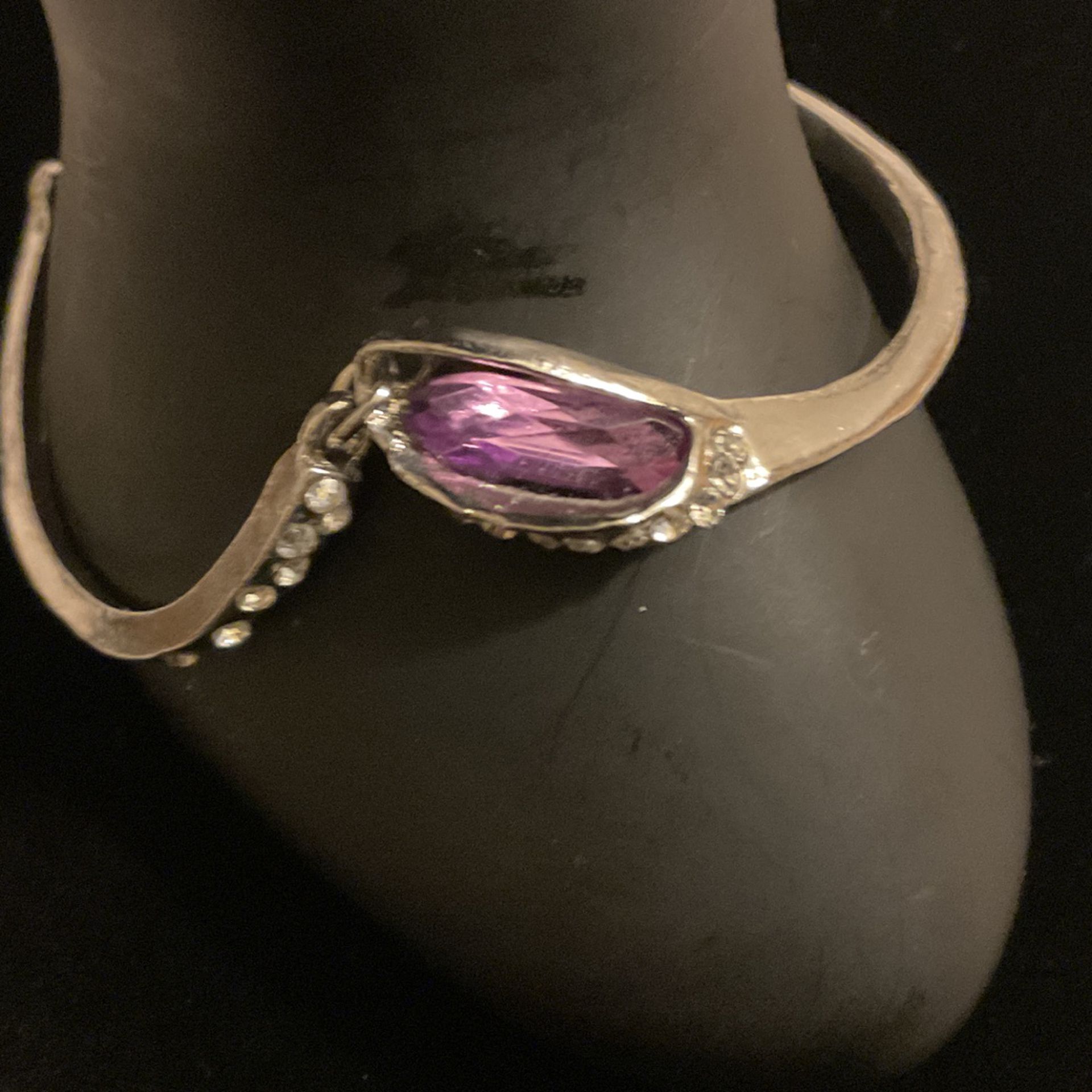 Silver Bracelet With Amethyst Stone And Rhinestones 
