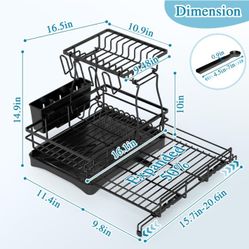 2 Tier Dish Drying Rack, Large Extendable Dish Racks for Kitchen Counter or Over Sink, Dishrack with Drainboard, 2-in-1 Anti-Rust Stainless Steel Dish