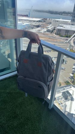 Gray Canvas Backpack with Leather Accents