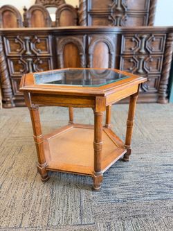 Vintage Octagonal Side Table with Glass Top & Cane Bottom Shelf