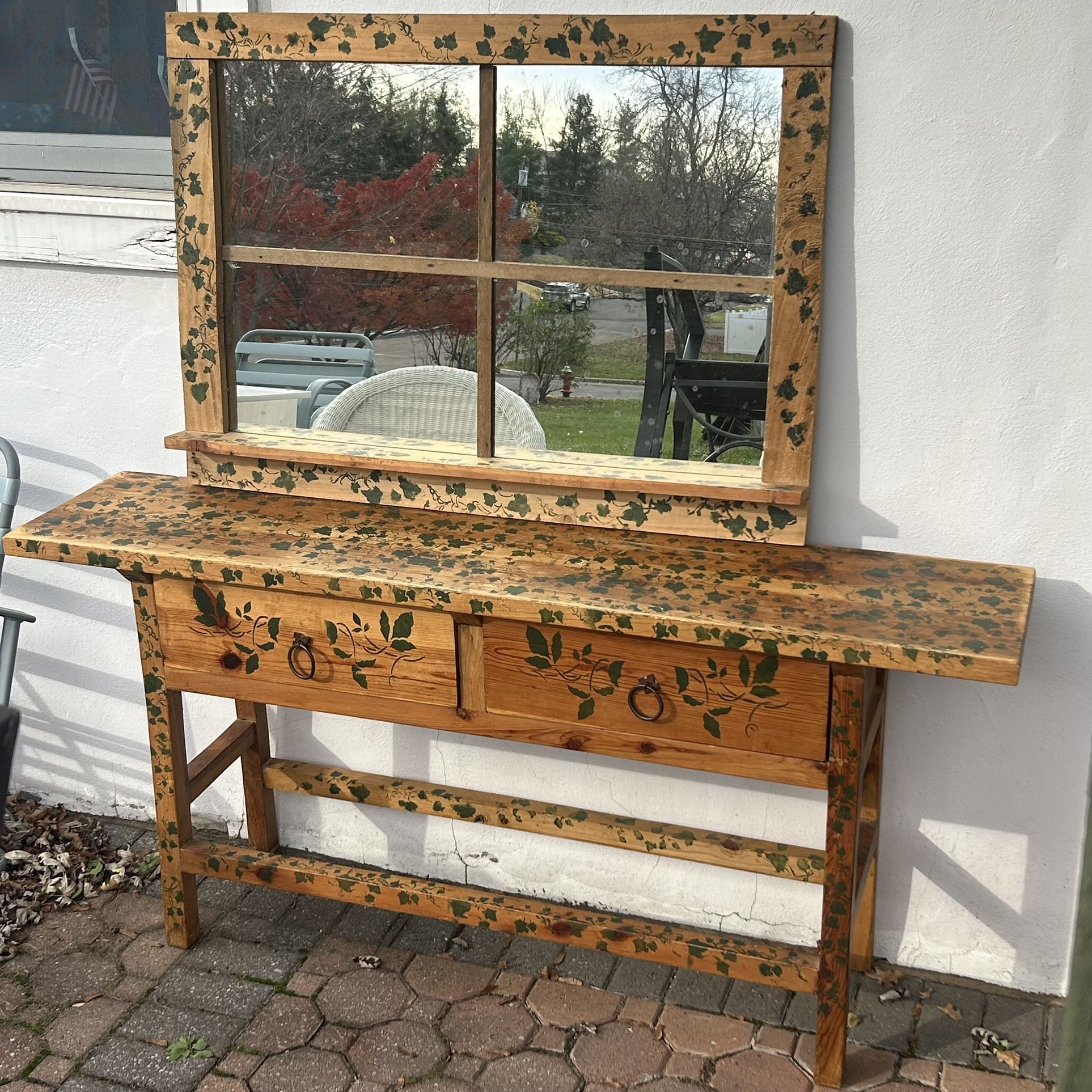 Long Narrow Wooden Console/Vanity Table w/ Wall Mirror & Vine Design