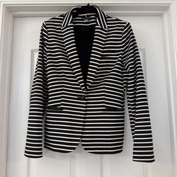 Tommy Hilfiger Womens Black White Striped Blazer Long Sleeve Jacket Sz 8 Office
