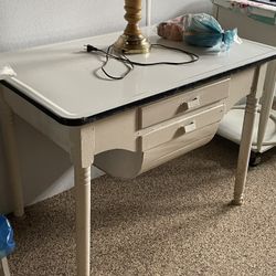 Antique Bakers Table, White Solid Wood With Potbelly Drawer And Removable Enamel Top 24 X 36 Solid Wood