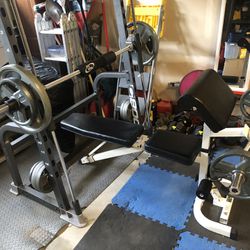 Smith Rack, Flat Bench With Preacher Curl & Iron Free Weights & Dumb Bells