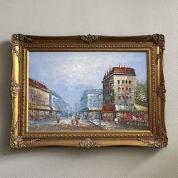 Large Ornate Gold Framed Painting – European Street Scene