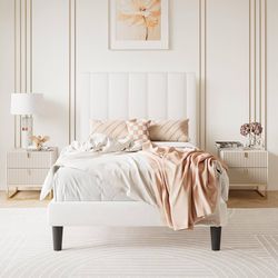 Twin Size Bed Frame/Velvet Upholstered Platform Bed Frame with Headboard/Strong Wood Slats Support/Mattress Foundation/No Box Spring Needed/Easy Assem