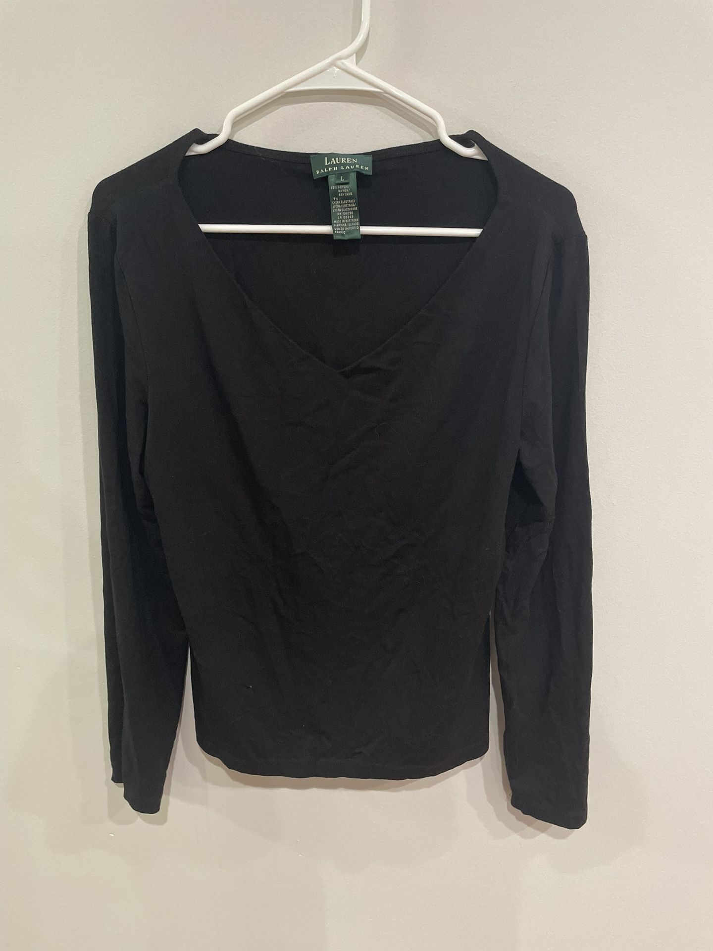 Polo Ralph Lauren Women’s T-Shirt Solid Black Basic Long Sleeve V-Neck Size L