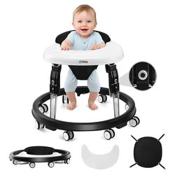 Baby Walker with Wheels, One-Touch Folding Baby Walkers with Height Adjustment, Large Dinner Plate and Brake, Walker for Baby Boy Girls 6-18 Months, B