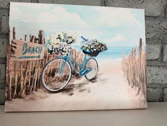 Coastal Beach Canvas Wall Art 12x16 Blue Bicycle Flowers Ocean Cottage Decor