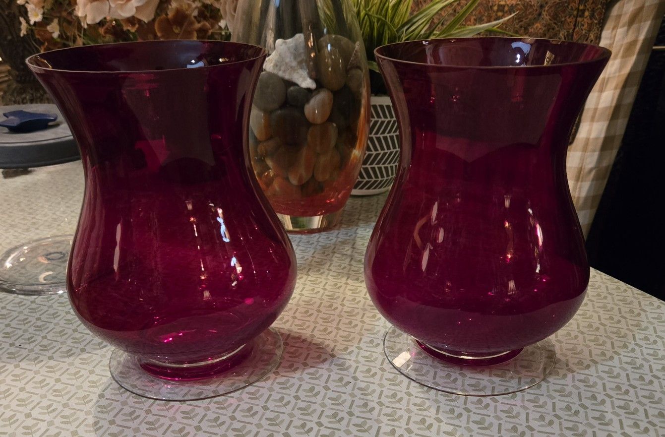 Pair Of Ruby Red Translucent Glass Vases Or Candle Holders