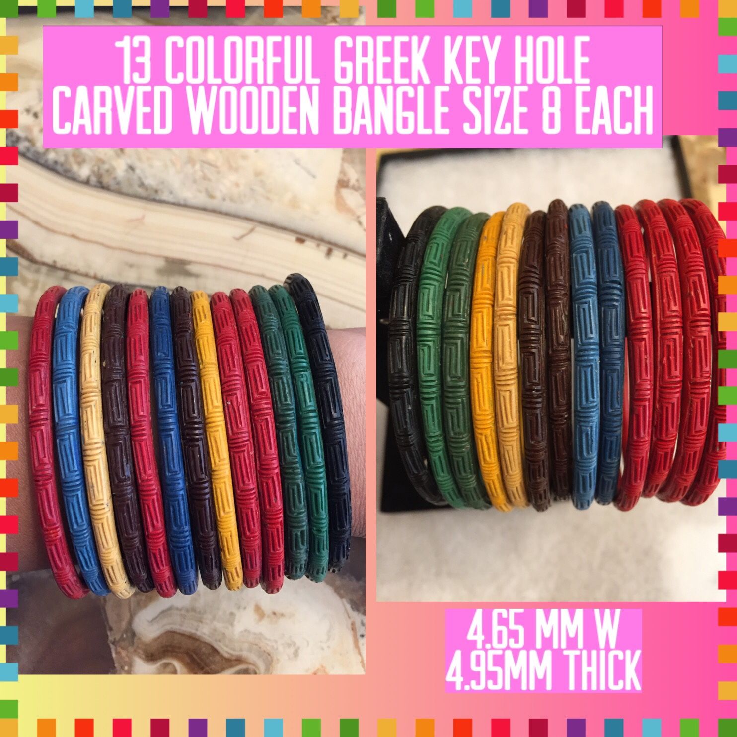 13 Colorful Carved Greek Key Hole Wooden Bangles