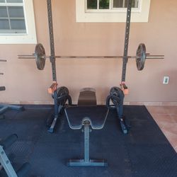 Weight Bench, Squat Rack And Weight Plates 