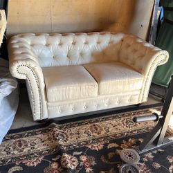 Cream Leather Tufted Roll Arm Loveseat Studded Off White
