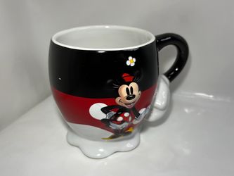 Disney Parks Authentic Original Minnie Mouse Ceramic Coffee Mug 3D Sculpted White Glove Handle Scalloped Skirt Feet Base Red Black Polka Dot Dress Flo