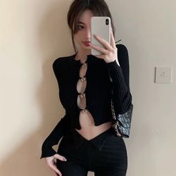 Black Ribbed Long Sleeve Crop Top with Metal Hook Detail | Women’s