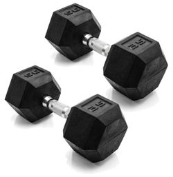 CAP Rubber Coated Dumbbell Weights, Free Weights for Home Gym Strength Training, Anti-Roll Hex Dumbbells with Black, Chrome & Comfort Grip Handles, 35
