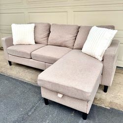 Small Tan Reversible Sectional Couch Sofa With USB Charging Port