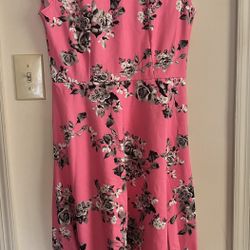 Pink Fit And Flare Dress With Grey Roses Design 
