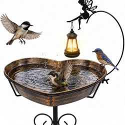 Solar Metal Heart Bird Bath for Outside, 48"H 14"Dia Removable Bowl,3.5 D Upgraded 5-Pronged Base with Removable Vintage Freestanding Bowl , Birdbaths