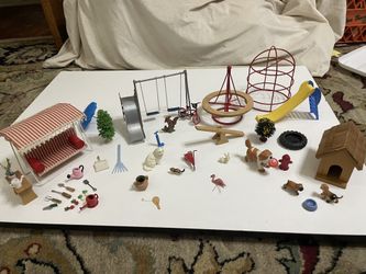 collection of vintage dollhouse Yard Play Toys, bike, animals, gardening items. Selling as lot