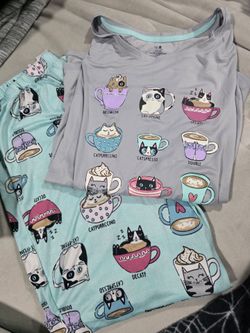 Medium Cat Coffee Pajama Set Top and Pants
