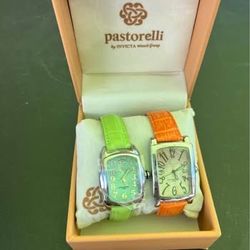 Pastorelli by Invicta Womens Watch Set Green & Orange Leather Strap Rectangular Dial w Box