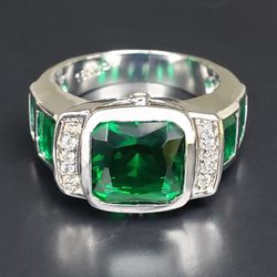 Men's White Gold Plated Emerald Ring Size 10