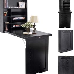 0764（1096BK）Folding Wall Mounted Desk, Fold Down Table with Storage Shelves, Wood Convertible Floating Table for Small Spaces, Murphy Desk Wall Mount 
