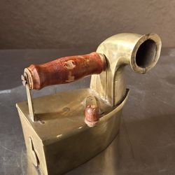Antique Brass Coal Sad Iron with Wooden Handle 5.5"Lx3"Wx6"H