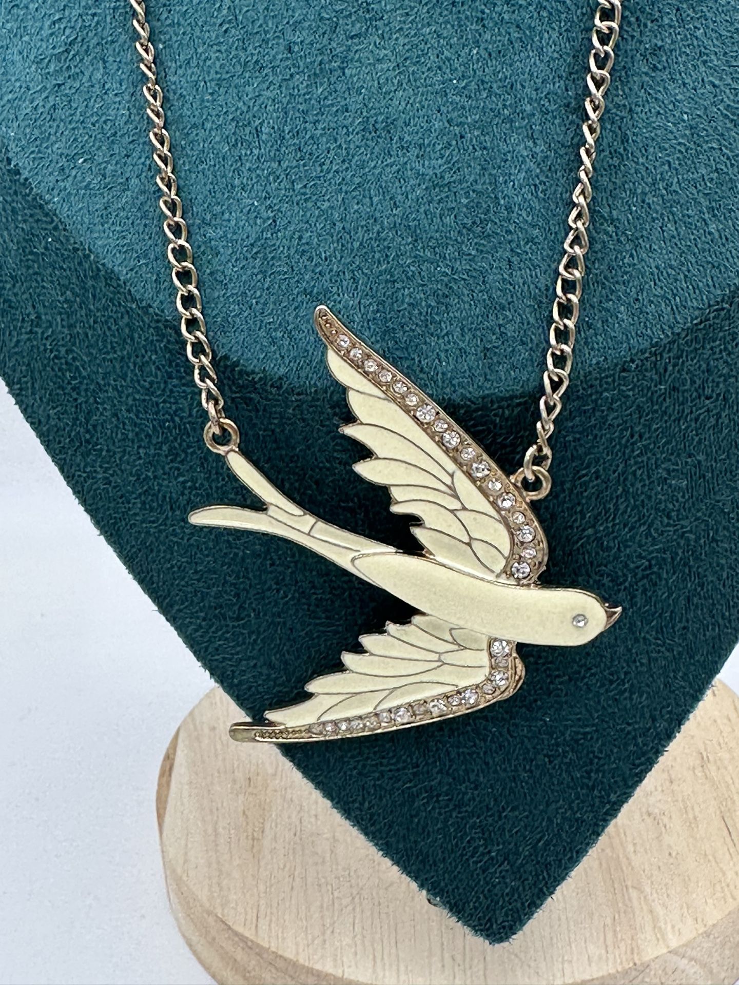 Swallow Cream Enamel Rhinestones Gold Tone Necklace 20” Long 2” Extension Some Wear
