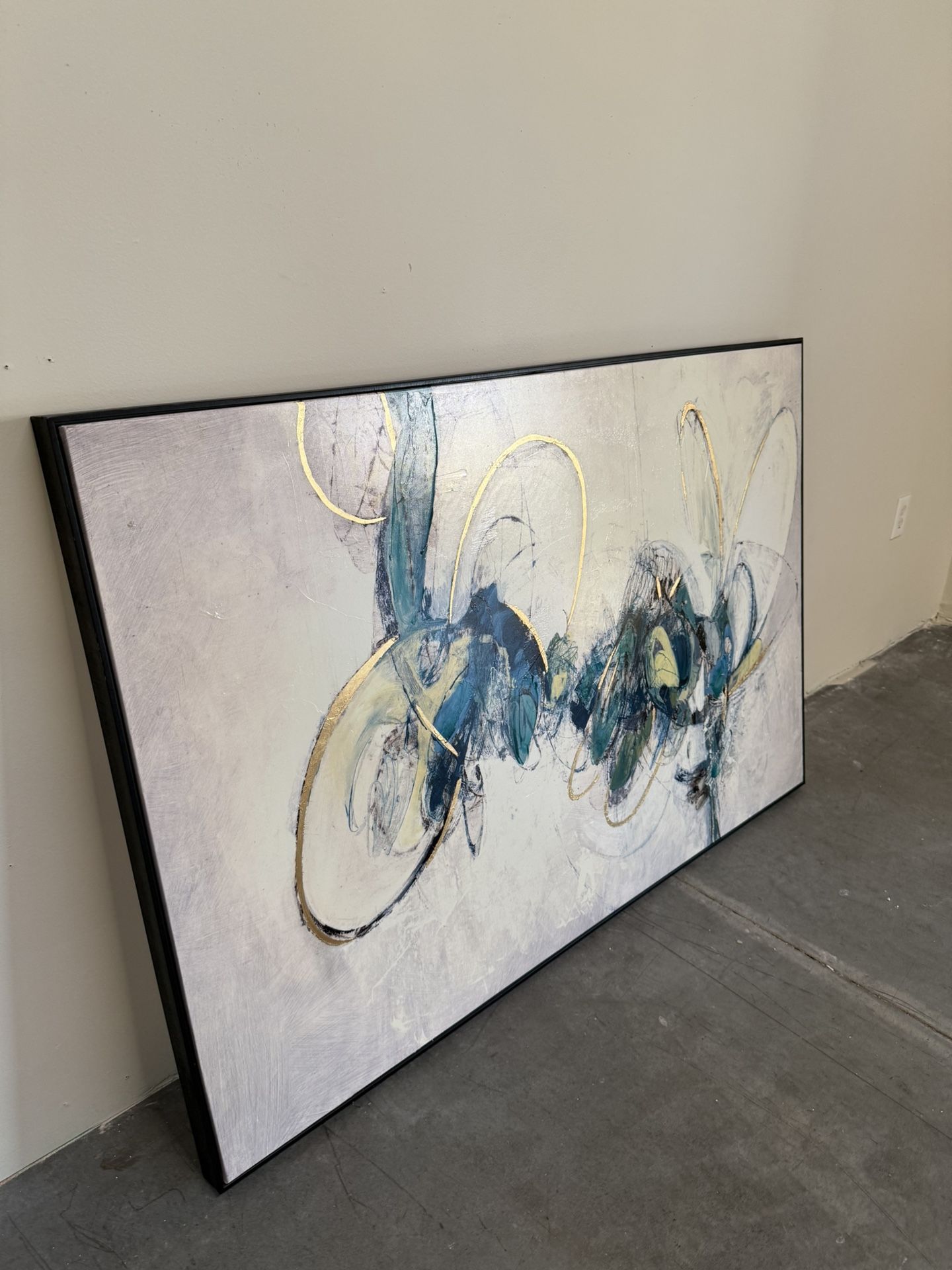 Large Framed Abstract Wall Art – Teal, Gold & White | Modern Minimalist