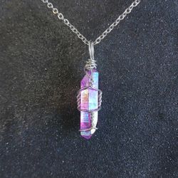 Purple Aura quartz wire wrapped crystal pendant on 20" silver necklace new