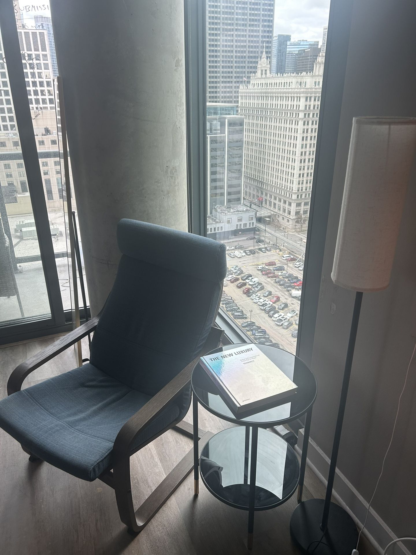 New Chair, Glass Side Table, Mirror, & Lamp