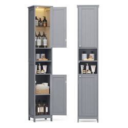 Tall Storage Cabinet with Lights, Slim Freestanding Cabinet with Adjustable Shelves, for Small Spaces, Bathroom, Living Room, Modern, 11.8 Inches Wide