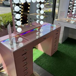 Pink Makeup Vanity with 13 Drawers and LED Mirror with Bluetooth Speakers 