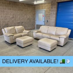 Ivory Real Leather Couch Sofa, Loveseat, and 2 Ottomans by Italsofa (DELIVERY AVAILABLE! 🚛💨)