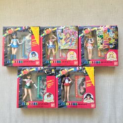 Vintage 1990s Bandai Sailor Moon Doll Set Complete 5 Character Lot w/ Cards Japan