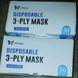 viteps  Disposable 3-ply Blue Latex Free Face Masks 2 Boxes Of 50 (100 Masks)
