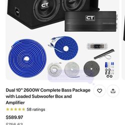 CT sounds 10’’ 26000 watt box sub with amp and wiring 