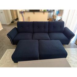 Blue Couch + Ottomans