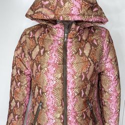 pink brown snake puffy jacket women - Size Medium