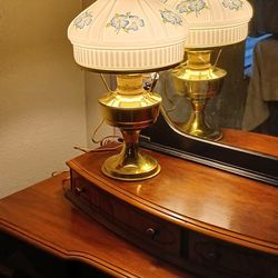 Vintage Brass Floral Milk Glass Shade Kerosene Lamp Converted To Electric